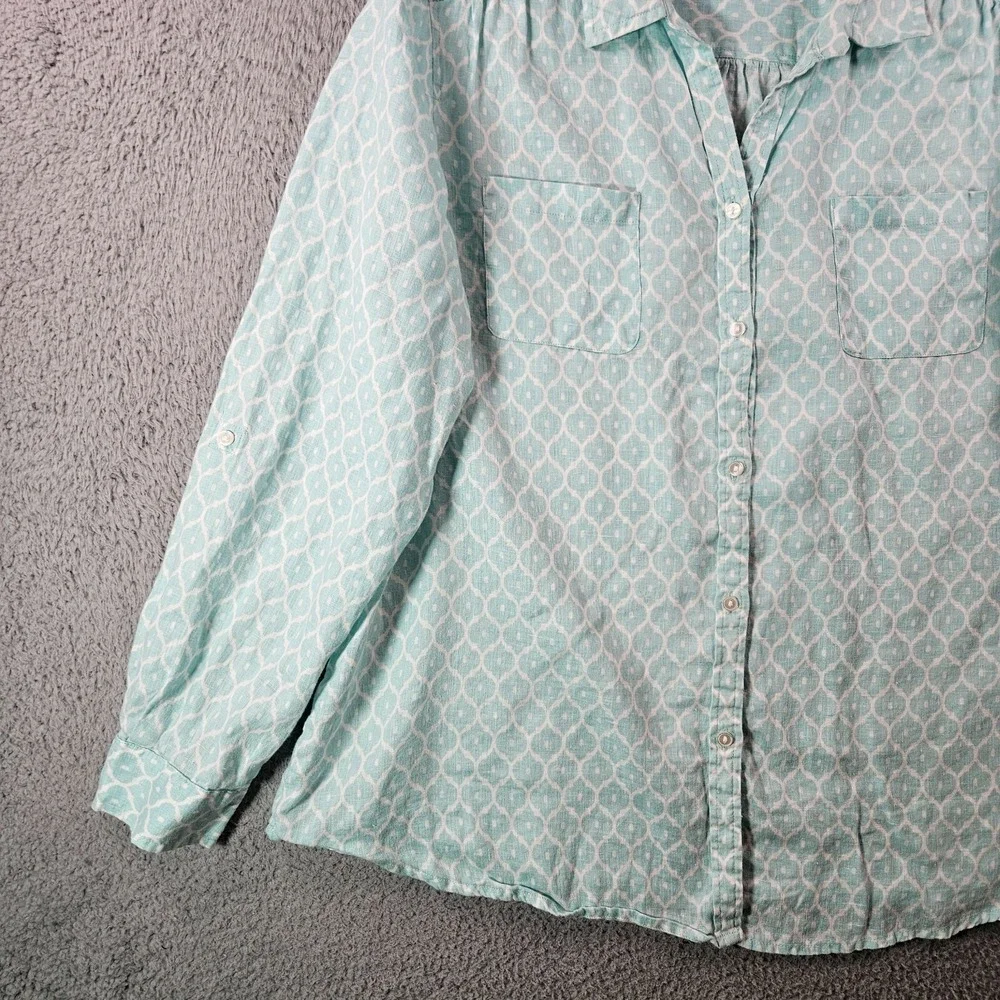 Charter Club Linen Shirt Top Women XL Button‎ Long Sleeve Geometric White Green